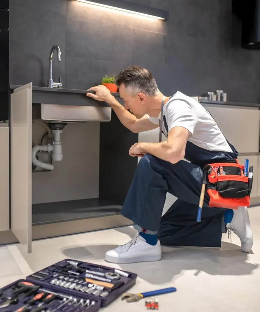 A professional plumber inspecting a jersey kitchen sink drain for blockages.