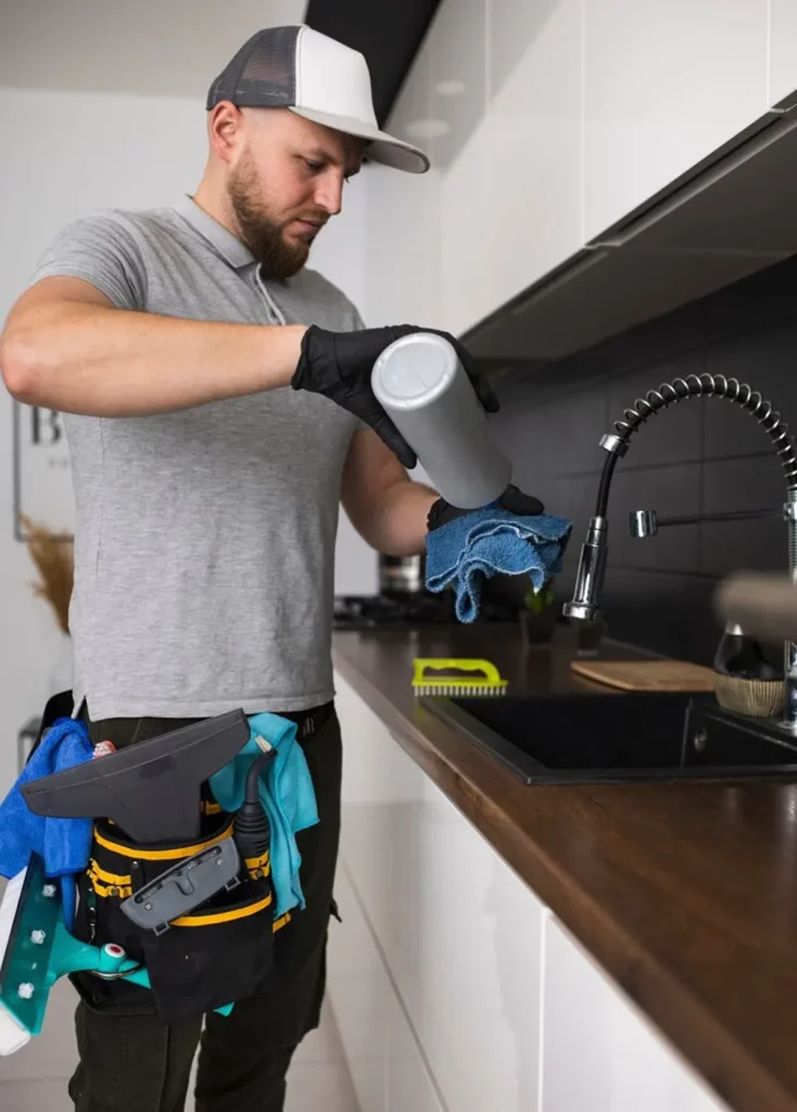 A local drainage specialist applying cleaning solution to a blocked kitchen sink in Jersey.