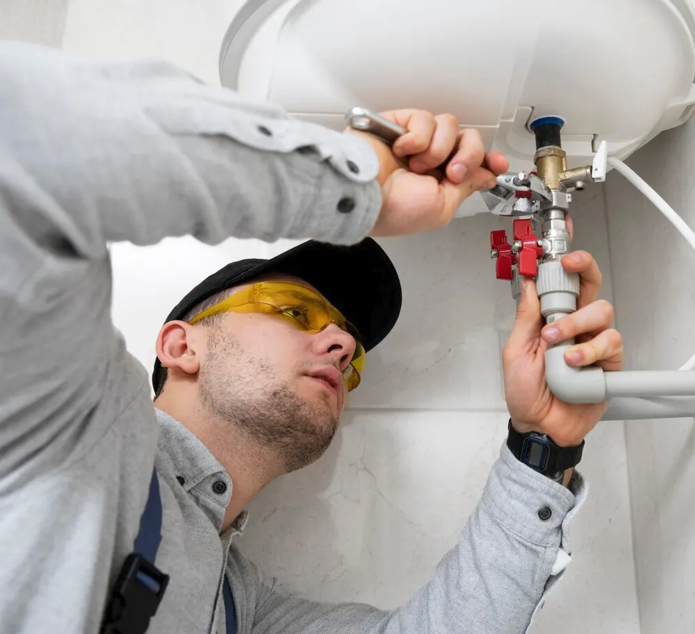 A local heating engineer servicing a water heater in Jersey to ensure reliable hot water and efficient heating.