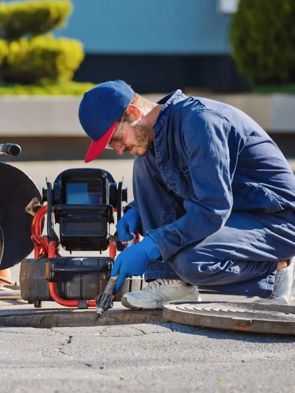 A commercial drain tradesman doing a drainage service in a commercial building in Jersey.