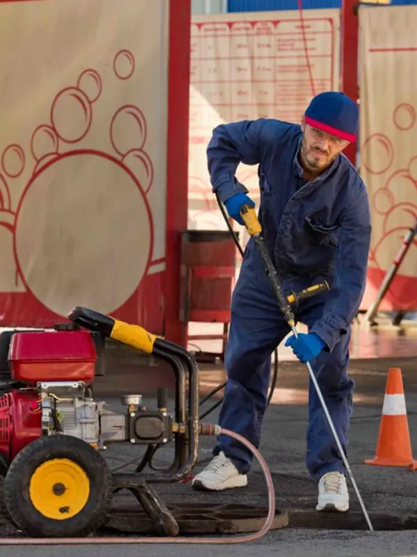 A commercial drainage professional doing a drainage service in a commercial establishment in St. Helier, Jersey.