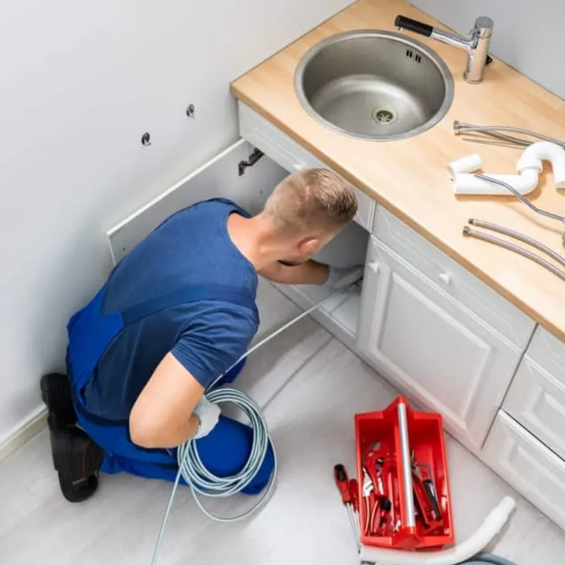 A Jersey plumber using a drain auger to remove a stubborn blockage under the kitchen sink.