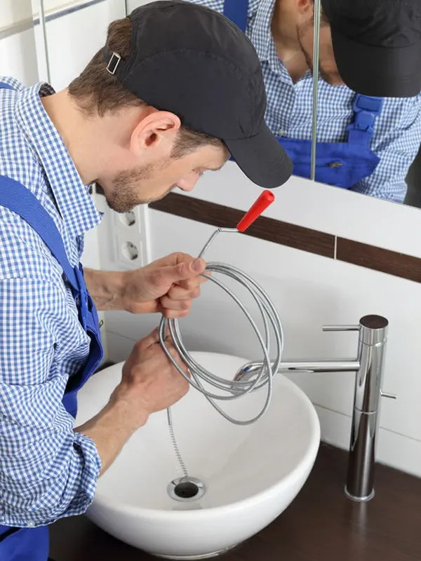 A local plumber using a drain snake to clear a blocked Jersey bathroom sink.