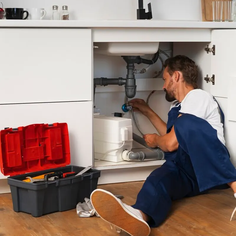 A drainage specialist repairing under-sink plumbing in Jersey with tools on hand.