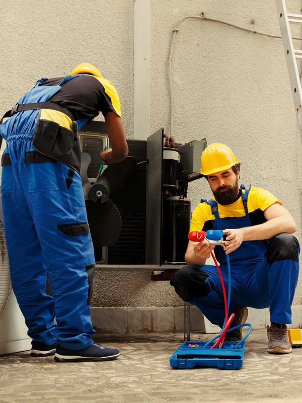 Two electricians in work uniforms performing electrical repairs on a Jersey outdoor unit.