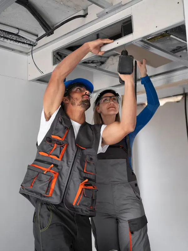 Two local electricians in Jersey installing electrical components in a ceiling.