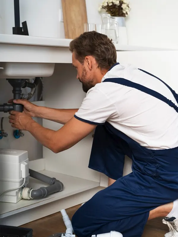 A local plumber repairing a sink drain under the kitchen counter in Jersey